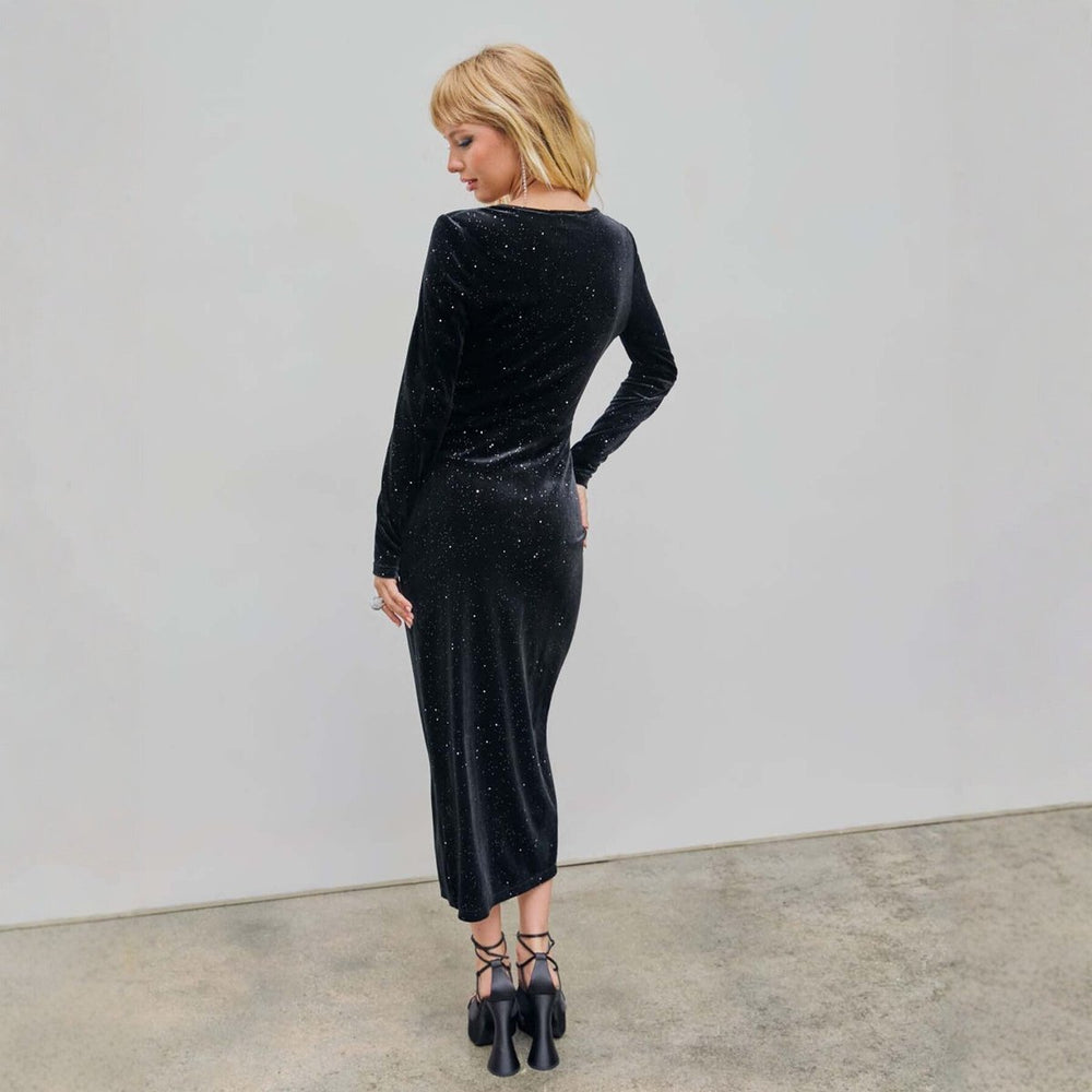 Women's Glitter Velvet Party Dress Wrap Midi High Slit