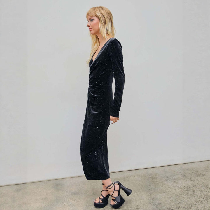 Women's Glitter Velvet Party Dress Wrap Midi High Slit