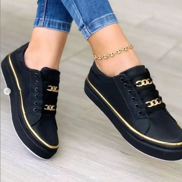 Women's Gold Chain Lace-Up Platform Ankle Heeled Boots Trainers