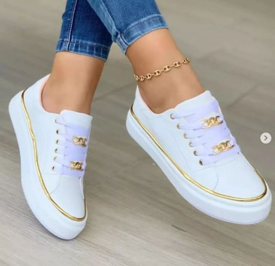 Women's Gold Chain Lace-Up Platform Ankle Heeled Boots Trainers