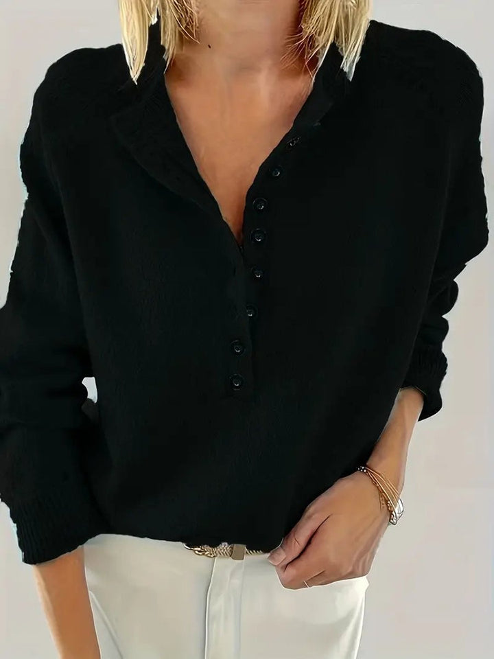 Women's Half-Button V-Neck Knitted Sweater Relaxed Pullover