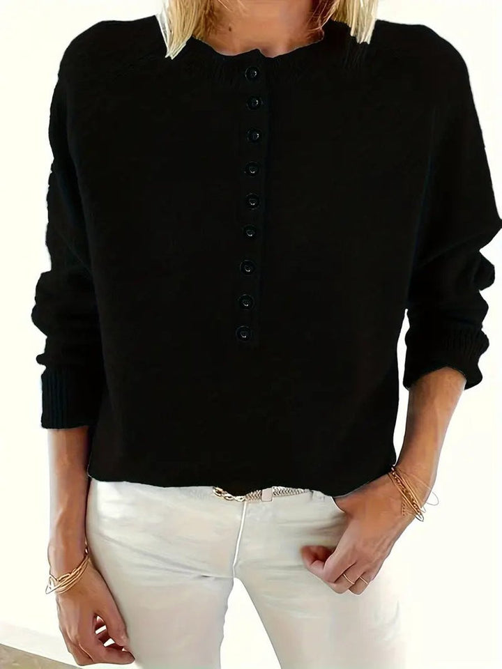 Women's Half-Button V-Neck Knitted Sweater Relaxed Pullover