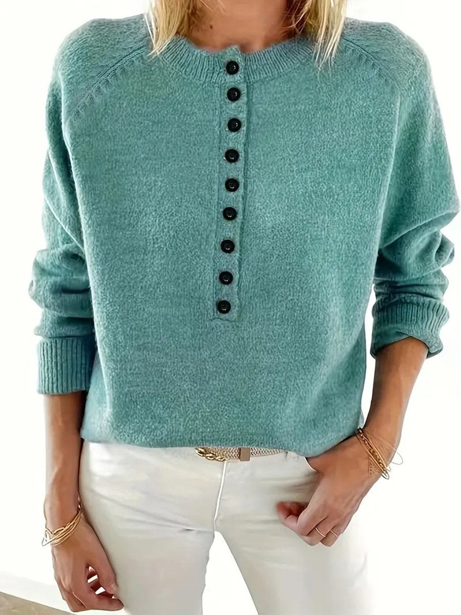 Women's Half-Button V-Neck Knitted Sweater Relaxed Pullover