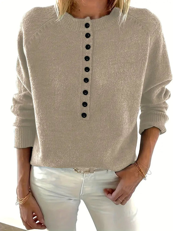 Women's Half-Button V-Neck Knitted Sweater Relaxed Pullover