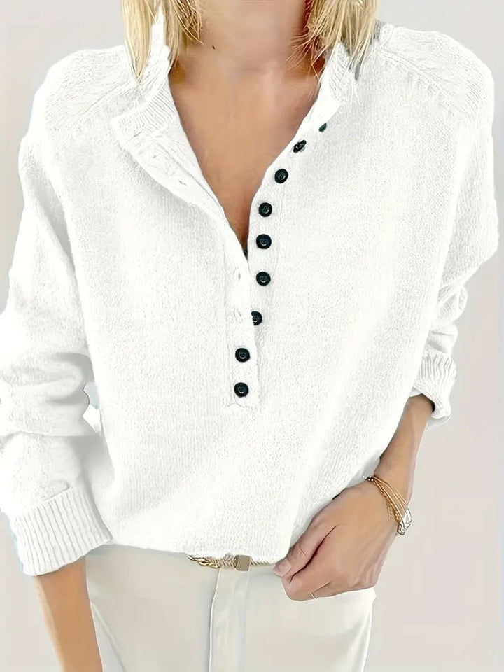 Women's Half-Button V-Neck Knitted Sweater Relaxed Pullover