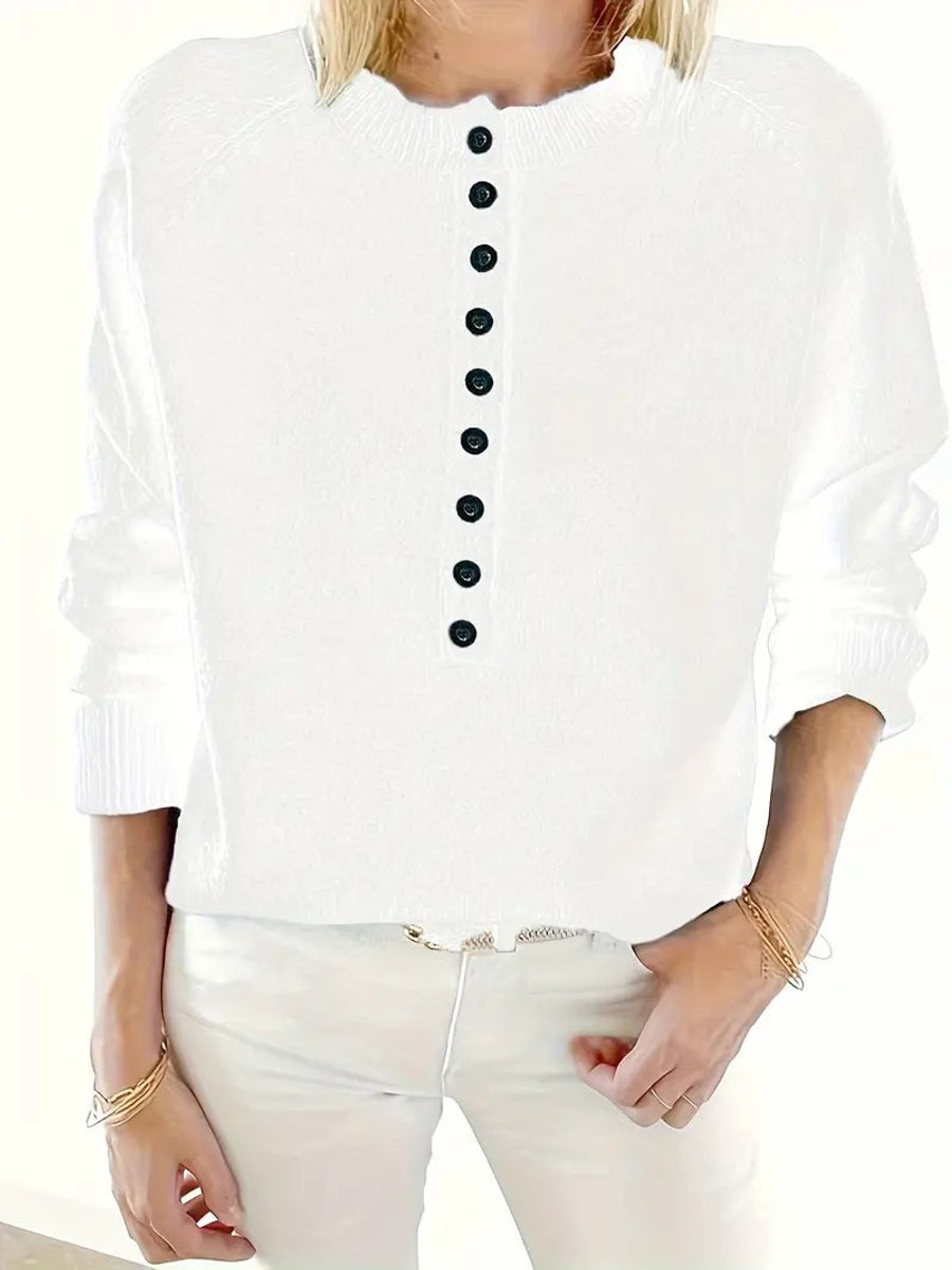 Women's Half-Button V-Neck Knitted Sweater Relaxed Pullover