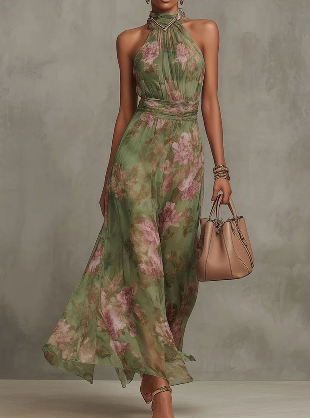 Women's Halterneck Floral Chiffon Maxi Dress