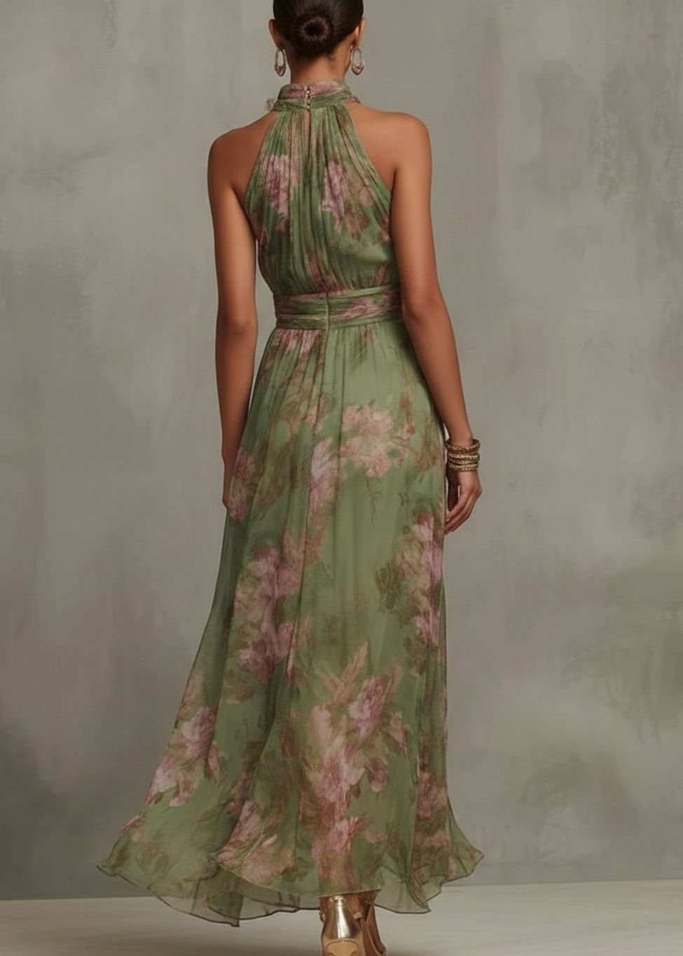 Women's Halterneck Floral Chiffon Maxi Dress