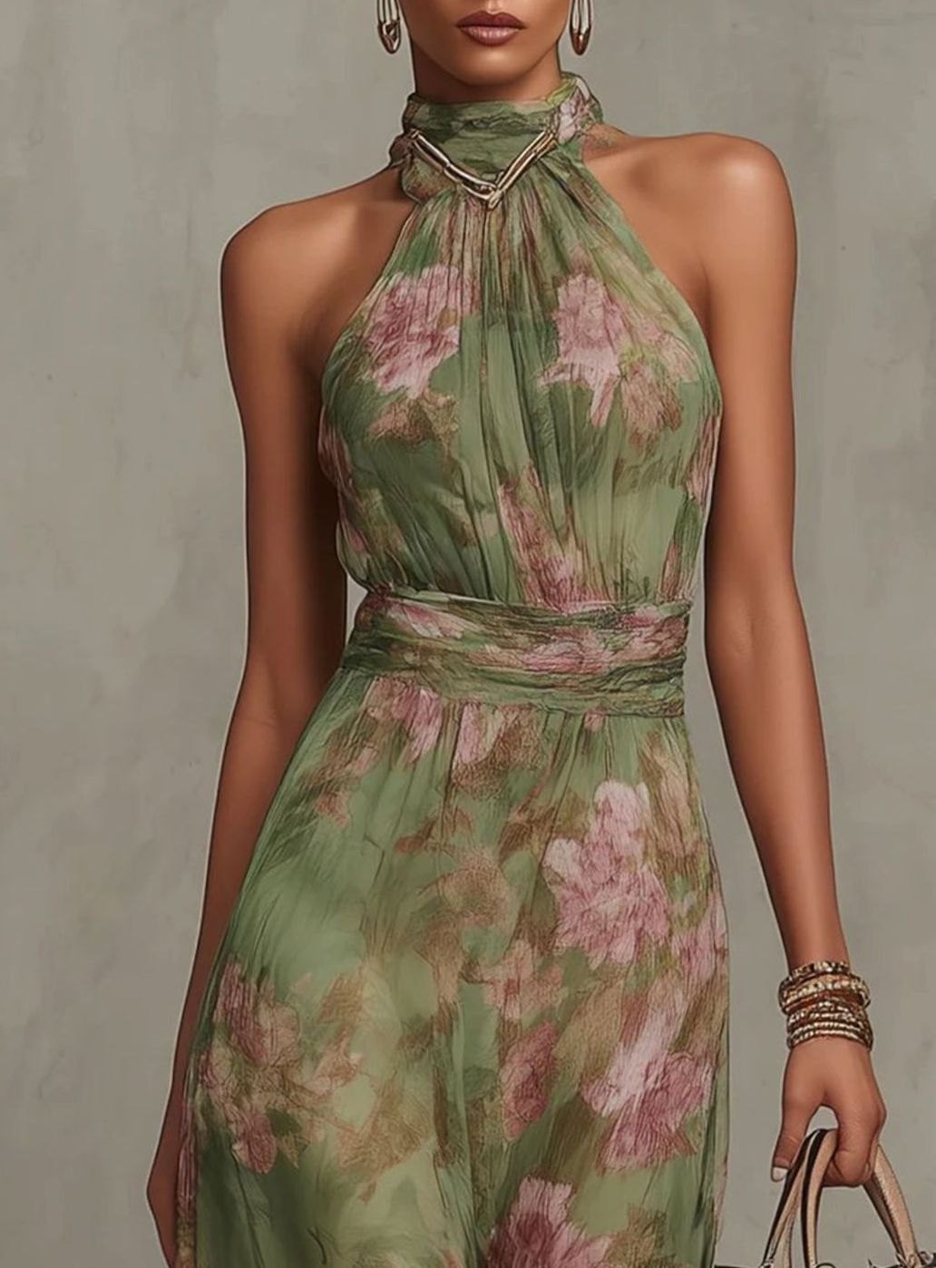 Women's Halterneck Floral Chiffon Maxi Dress