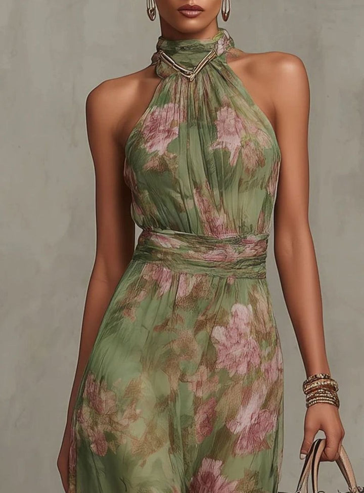 Women's Halterneck Floral Chiffon Maxi Dress