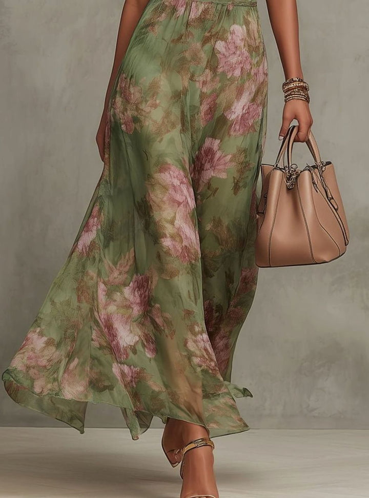 Women's Halterneck Floral Chiffon Maxi Dress
