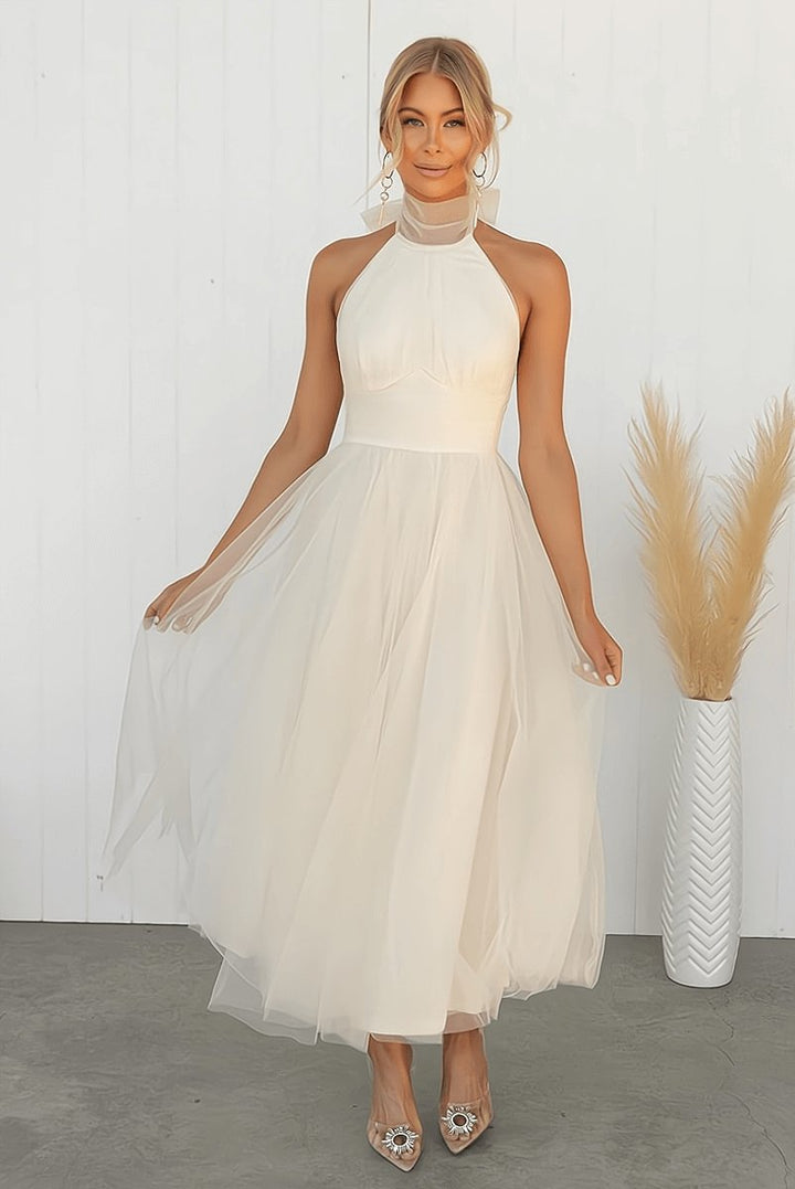 Women's Halterneck Tulle Midi Cocktail Party Dress