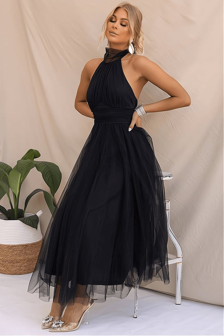 Women's Halterneck Tulle Midi Cocktail Party Dress