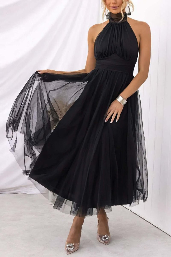 Women's Halterneck Tulle Midi Cocktail Party Dress