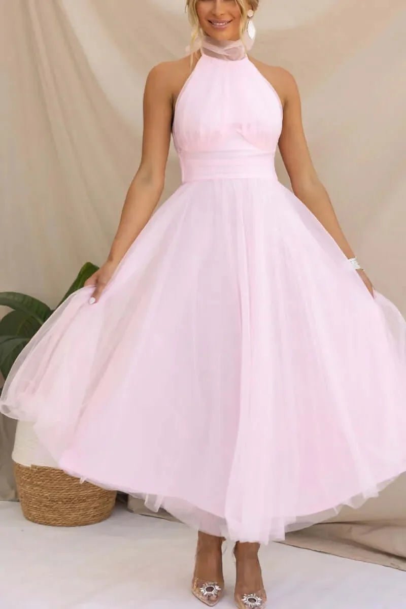 Women's Halterneck Tulle Midi Cocktail Party Dress