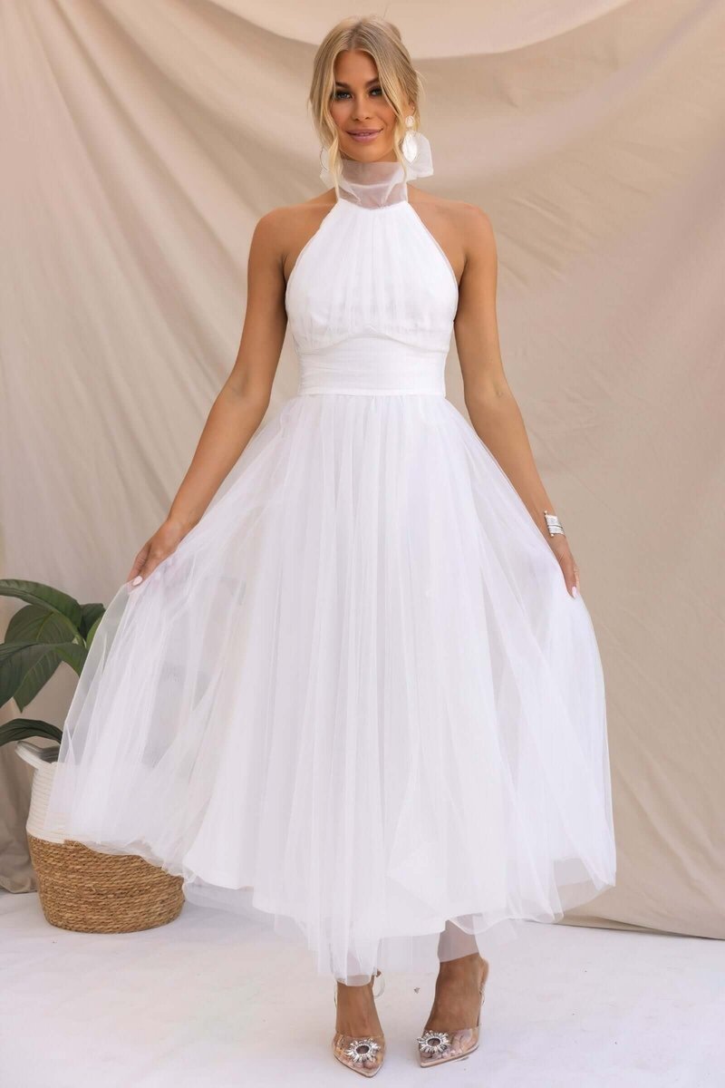 Women's Halterneck Tulle Midi Cocktail Party Dress