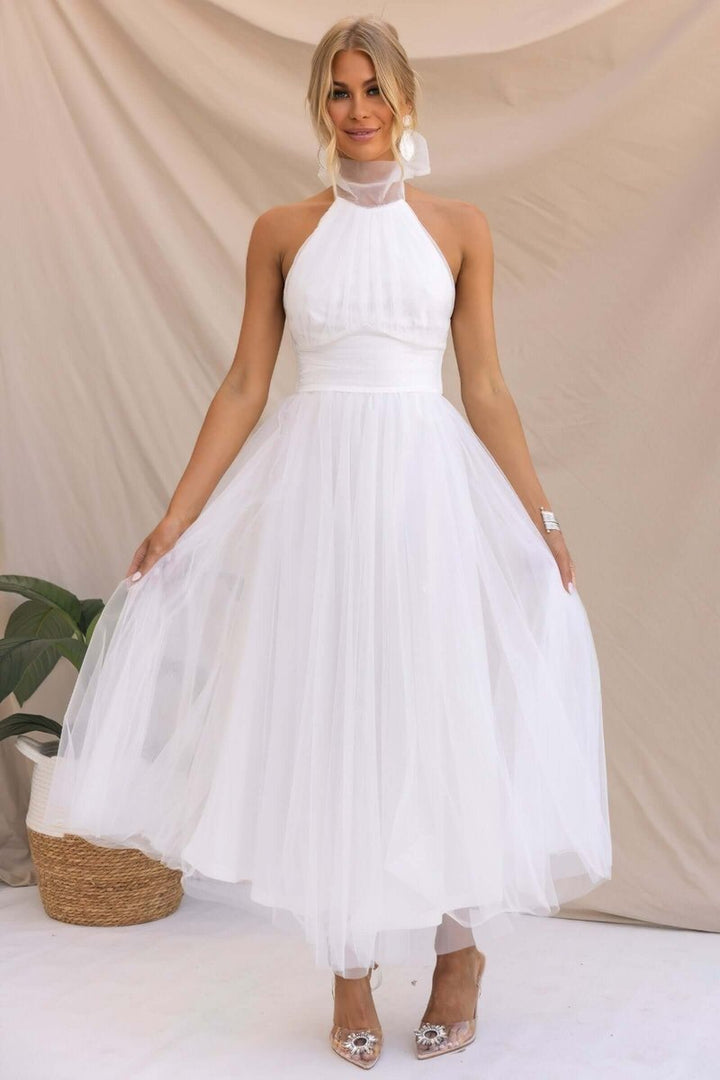 Women's Halterneck Tulle Midi Cocktail Party Dress
