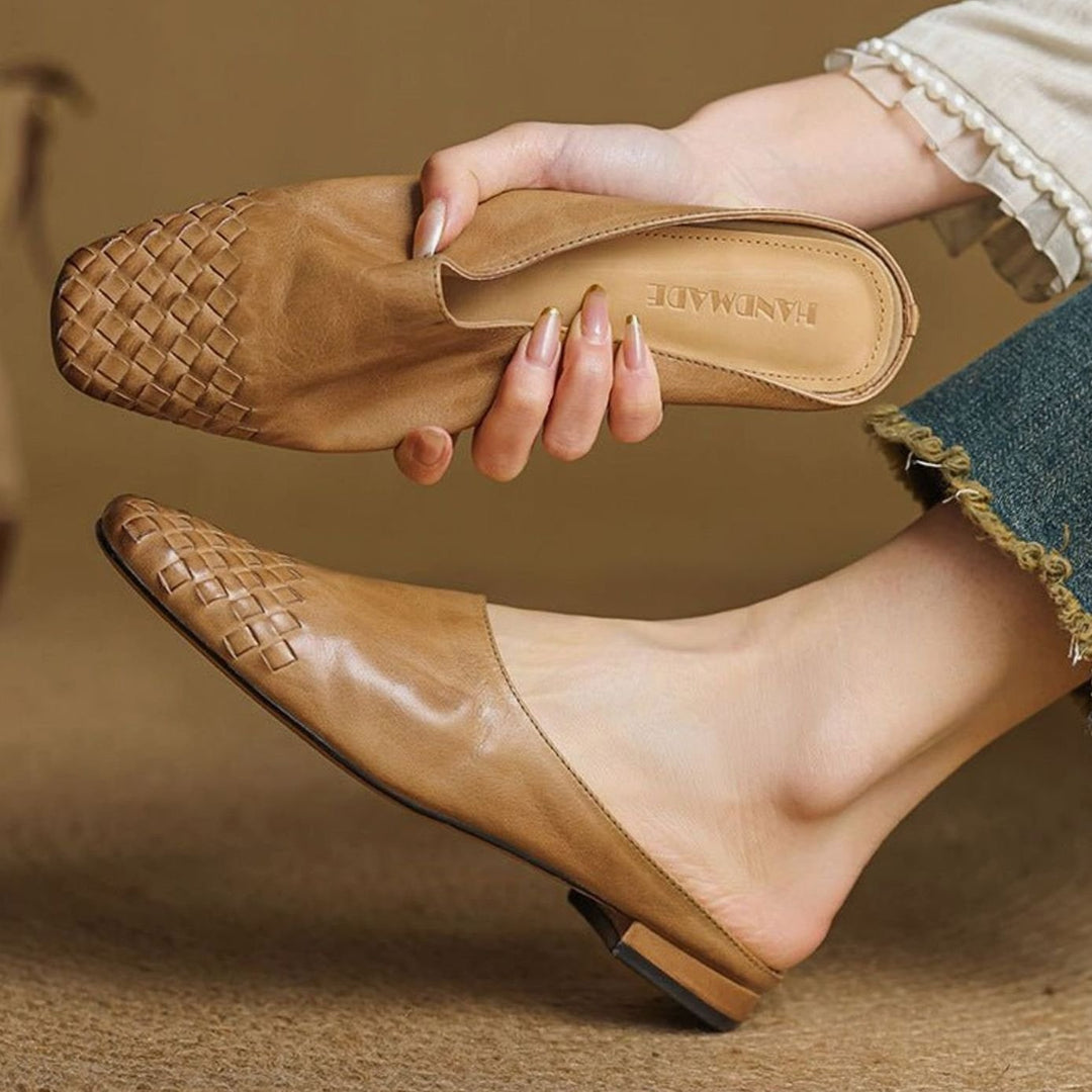 Women's Handmade Leather Woven Square-Toe Mules