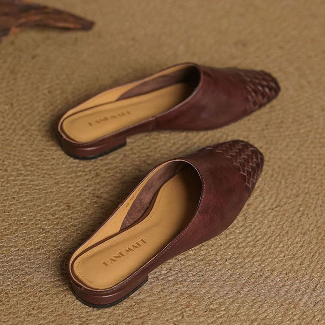 Women's Handmade Leather Woven Square-Toe Mules