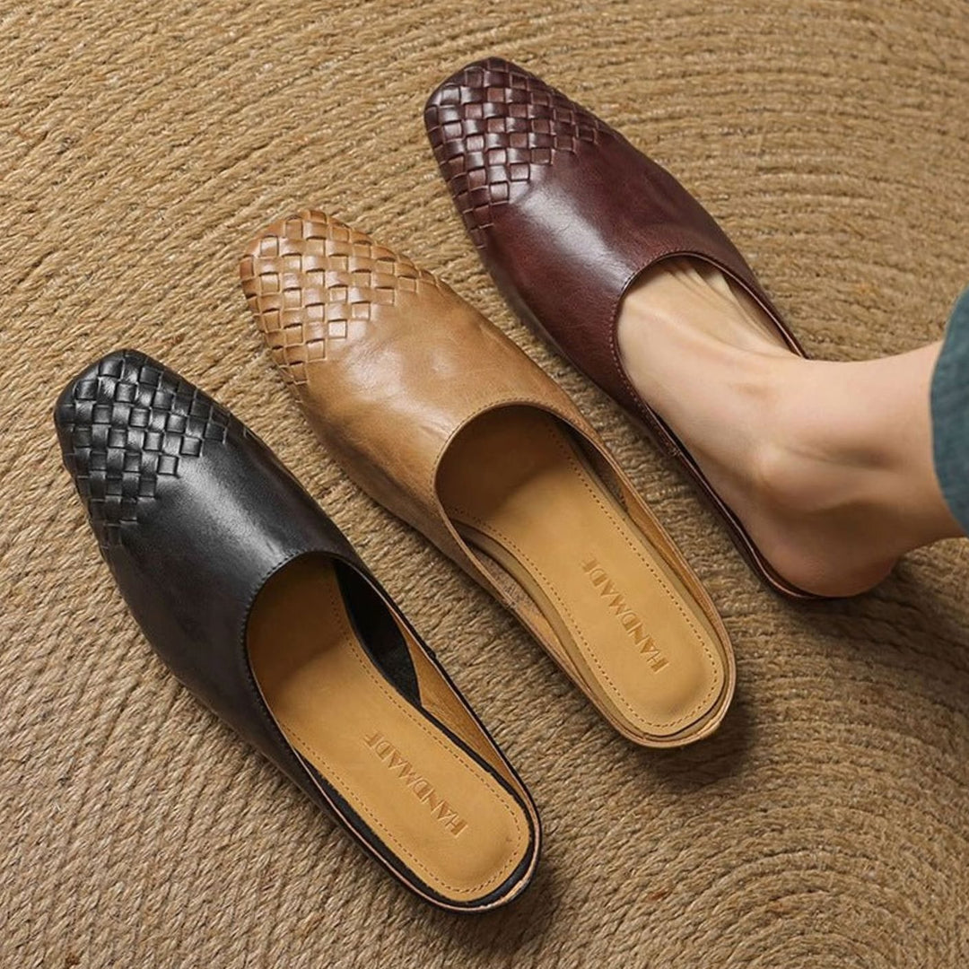 Women's Handmade Leather Woven Square-Toe Mules