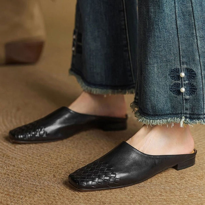 Women's Handmade Leather Woven Square-Toe Mules