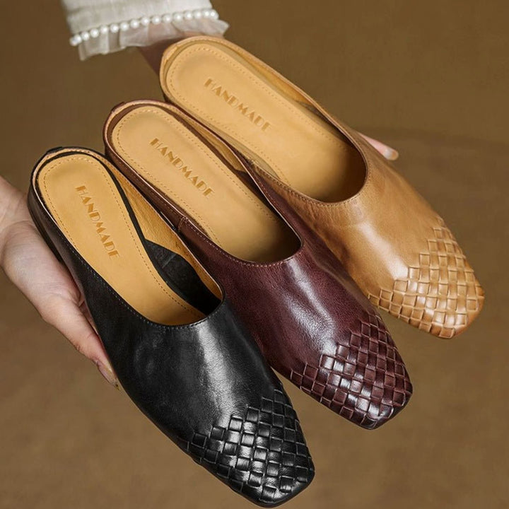 Women's Handmade Leather Woven Square-Toe Mules