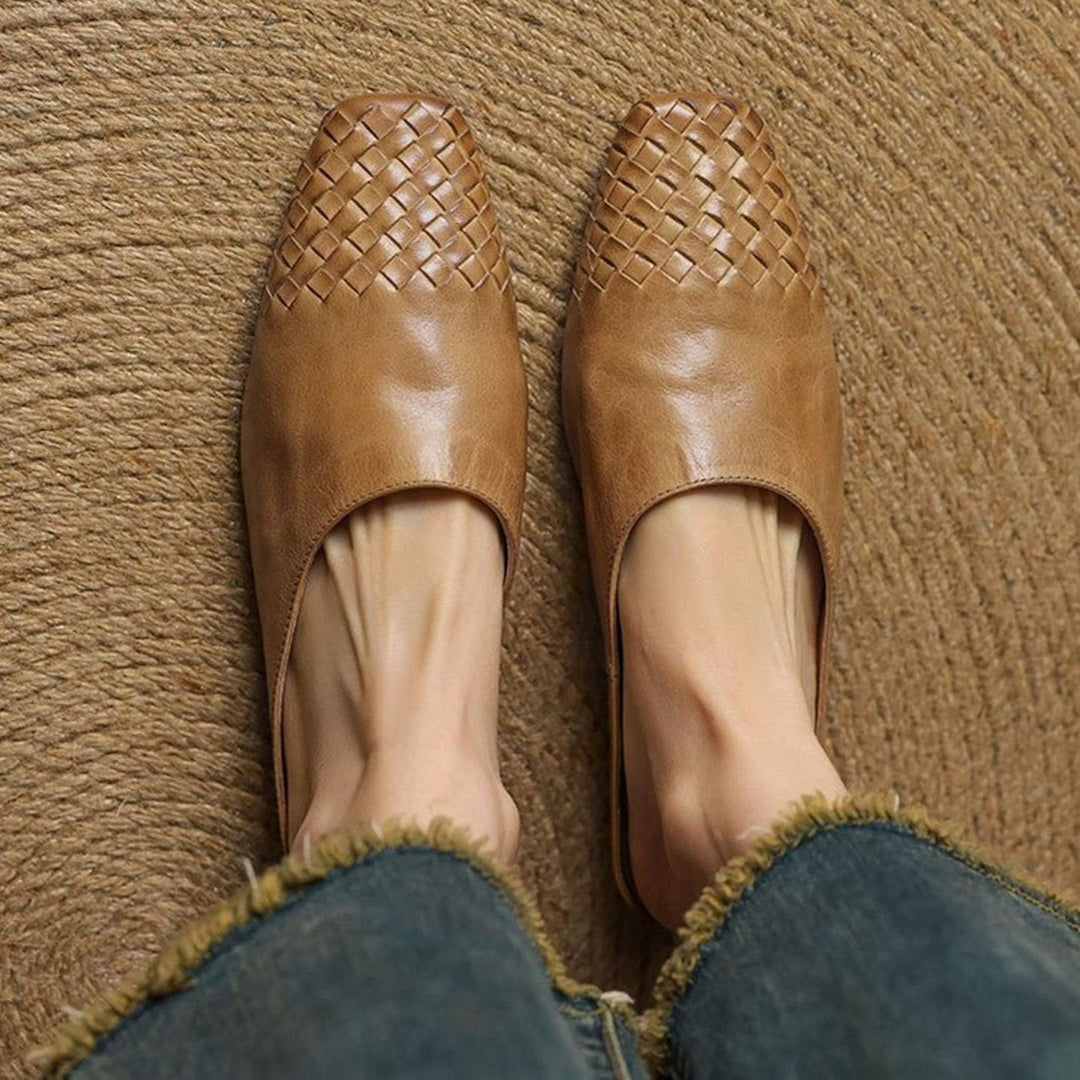 Women's Handmade Leather Woven Square-Toe Mules