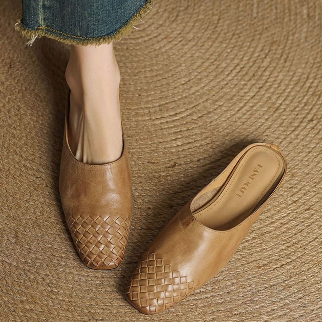 Women's Handmade Leather Woven Square-Toe Mules