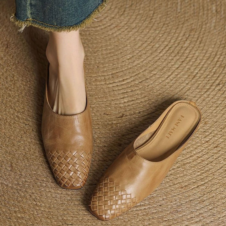 Women's Handmade Leather Woven Square-Toe Mules