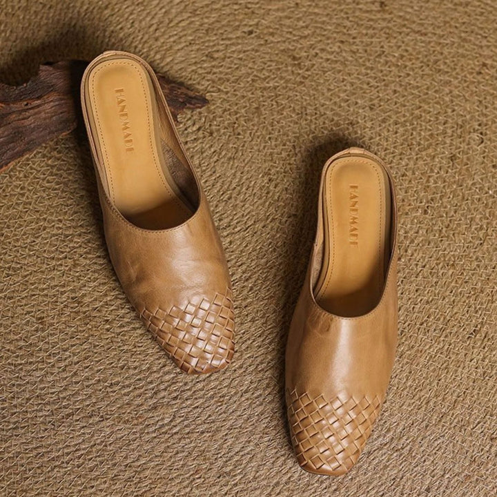 Women's Handmade Leather Woven Square-Toe Mules