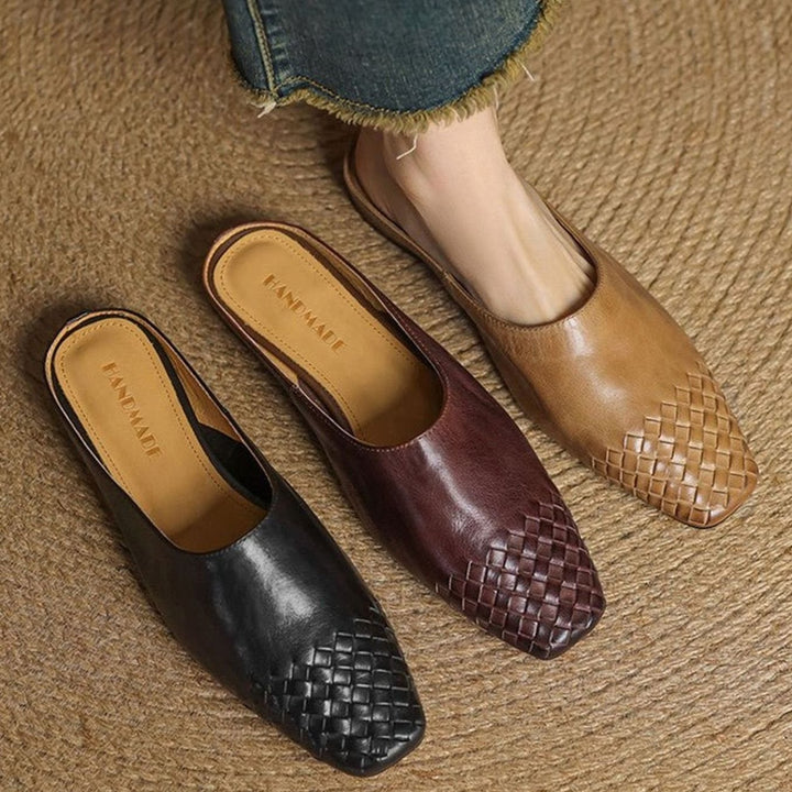 Women's Handmade Leather Woven Square-Toe Mules