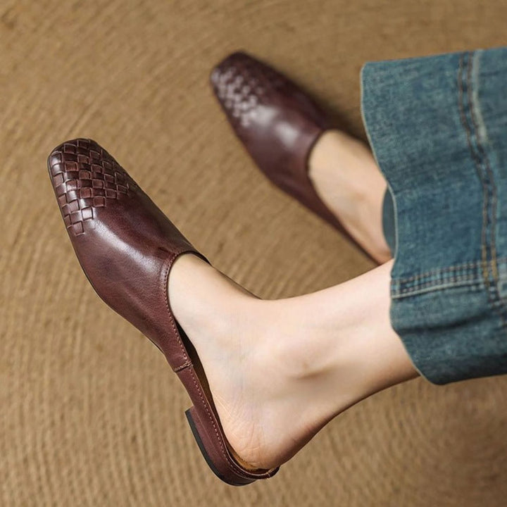 Women's Handmade Leather Woven Square-Toe Mules