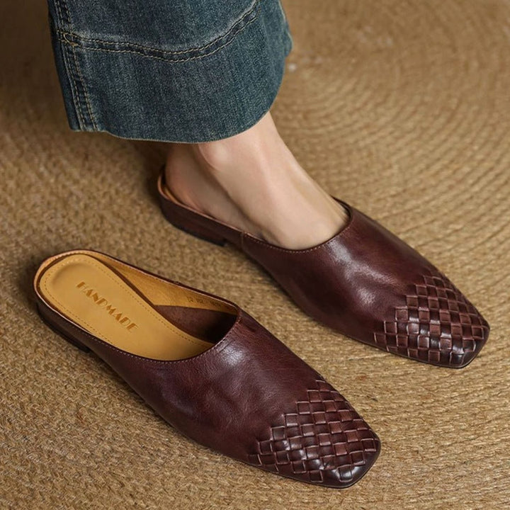 Women's Handmade Leather Woven Square-Toe Mules