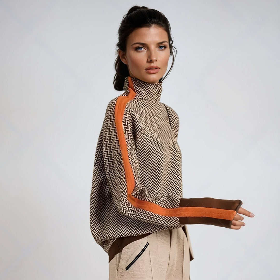 Women's Herringbone Oversized Turtleneck Jumper Contrast Stripe