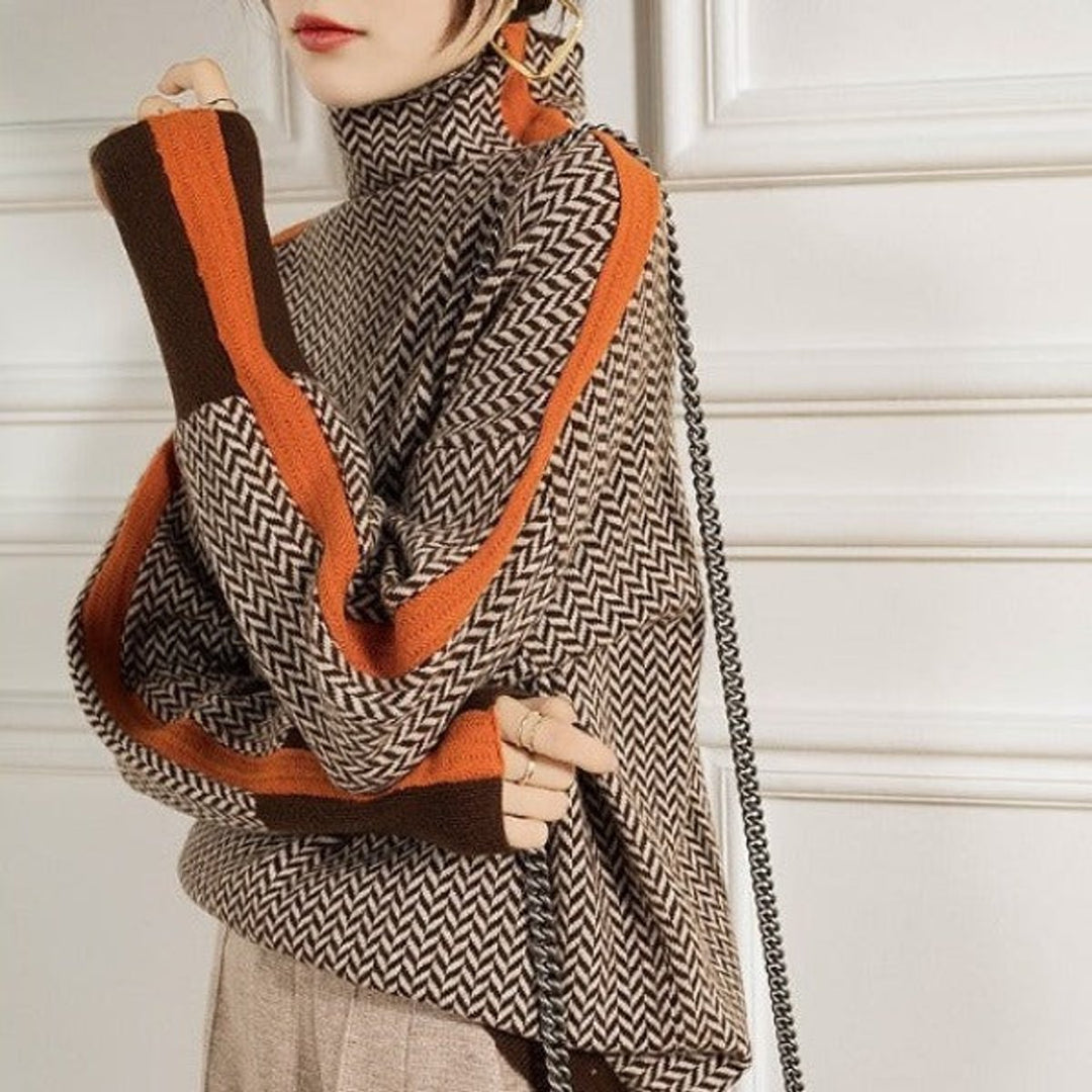 Women's Herringbone Oversized Turtleneck Jumper Contrast Stripe