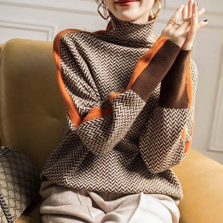 Women's Herringbone Oversized Turtleneck Jumper Contrast Stripe