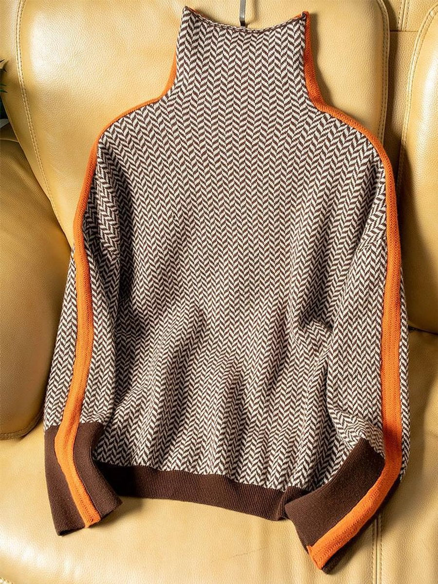 Women's Herringbone Oversized Turtleneck Jumper Contrast Stripe