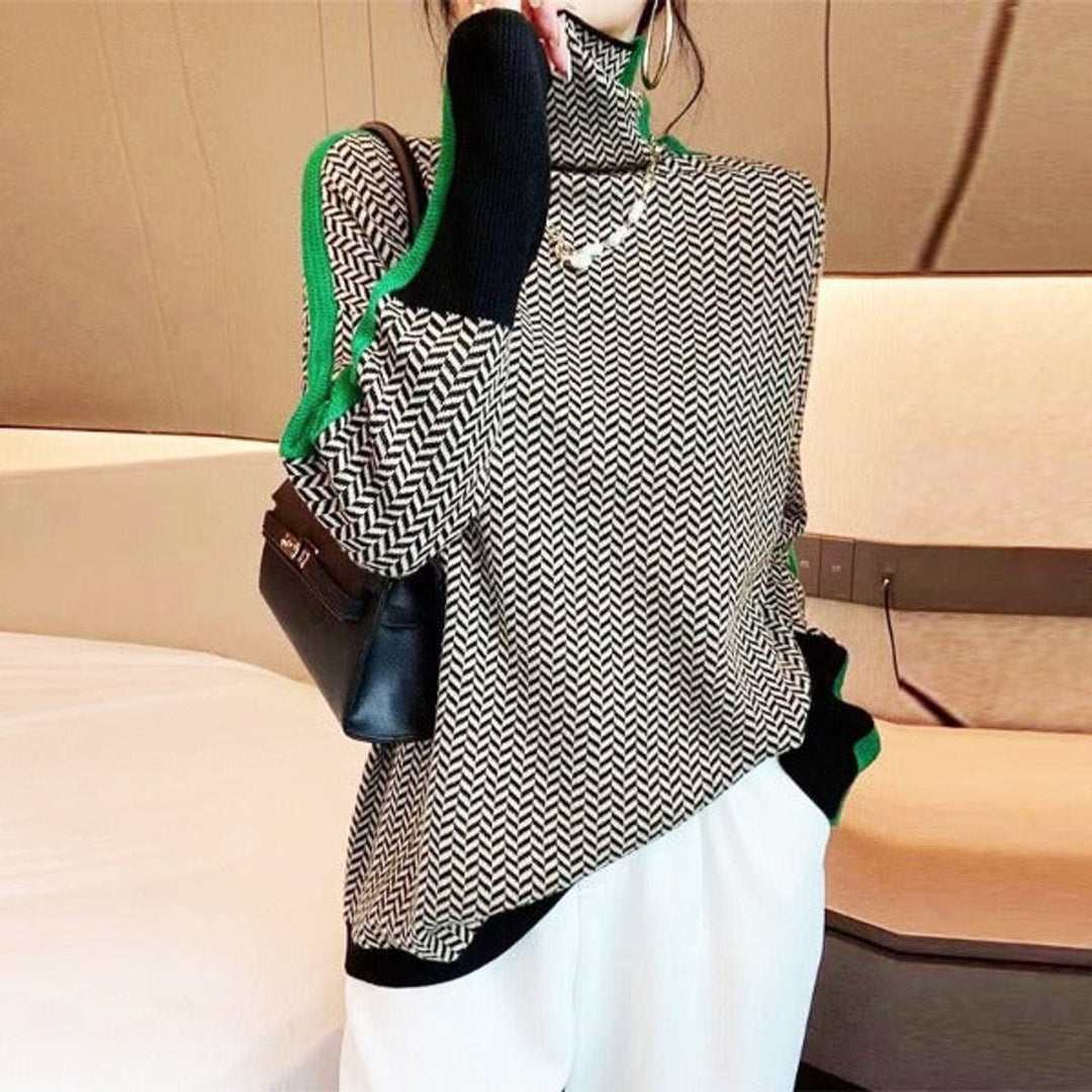 Women's Herringbone Oversized Turtleneck Jumper Contrast Stripe