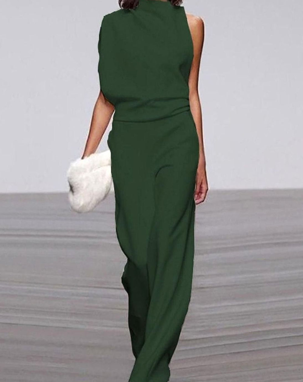 Women's High Neck Asymmetric Shoulder Jumpsuit Wide-Leg Sleeveless - Green