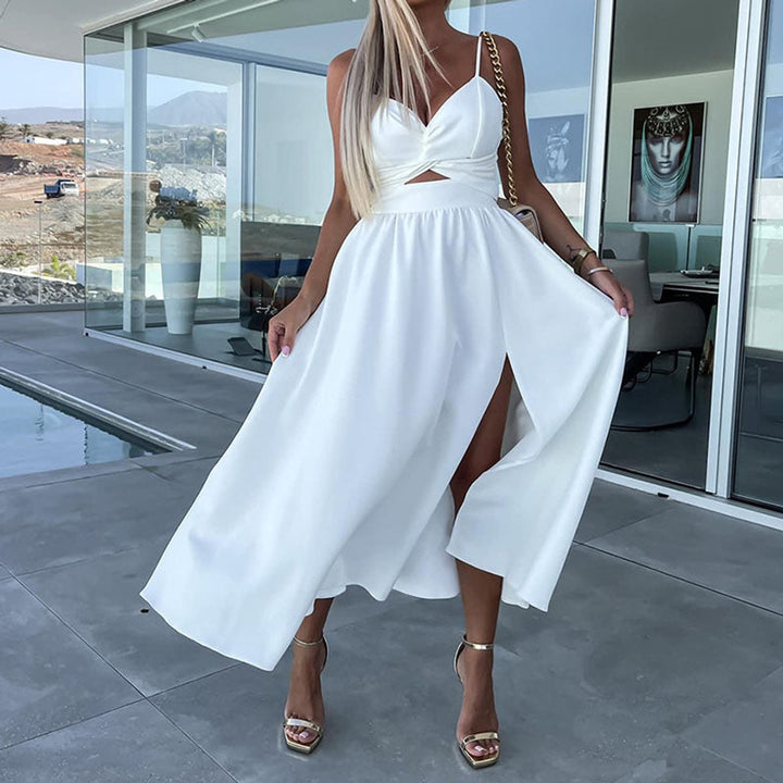 Women's High-Slit Cut-Out Cocktail Party Dress V-Neck Midi