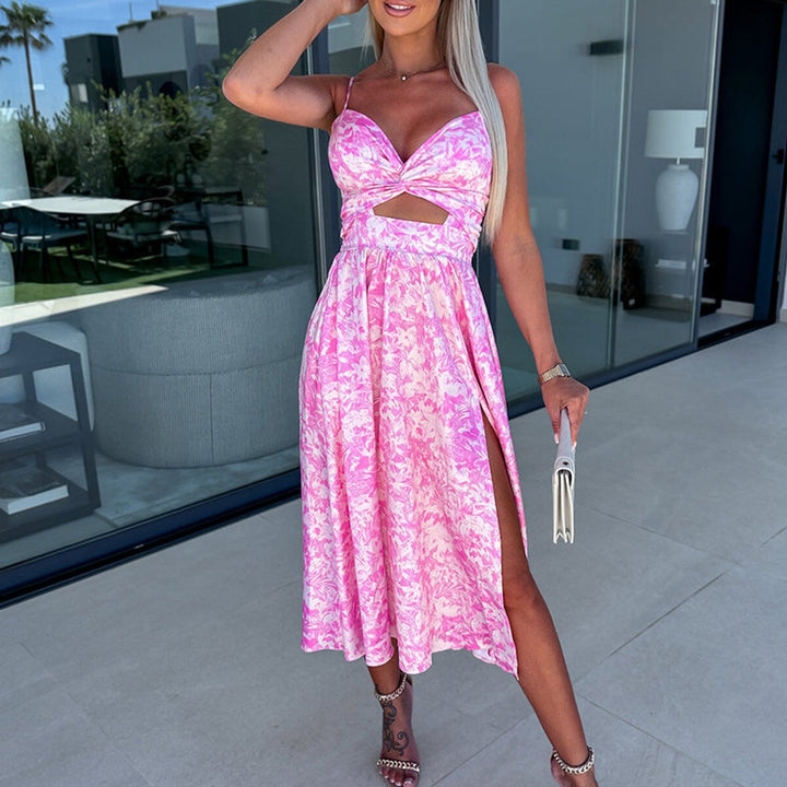 Women's High-Slit Cut-Out Cocktail Party Dress V-Neck Midi
