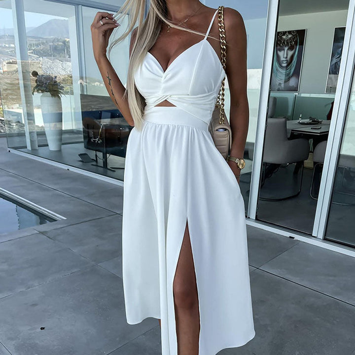 Women's High-Slit Cut-Out Cocktail Party Dress V-Neck Midi