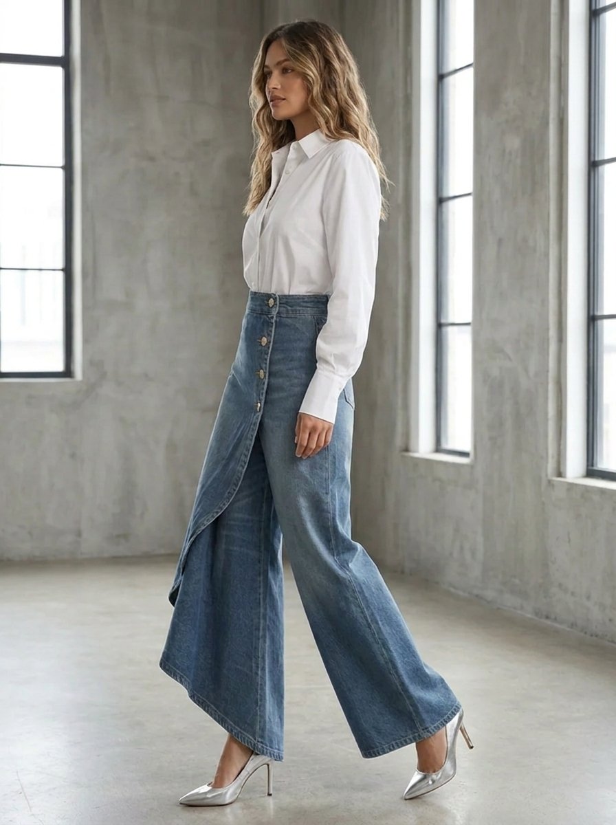 Women's High-Waist Asymmetric Wrap Wide Leg Trousers Denim