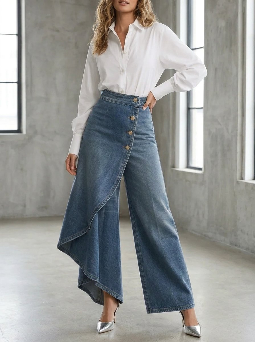 Women's High-Waist Asymmetric Wrap Wide Leg Trousers Denim