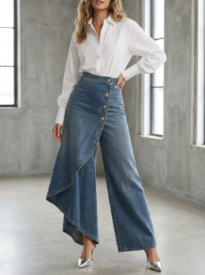 Women's High-Waist Asymmetric Wrap Wide Leg Trousers Denim