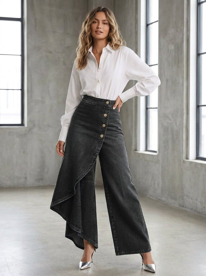 Women's High-Waist Asymmetric Wrap Wide Leg Trousers Denim