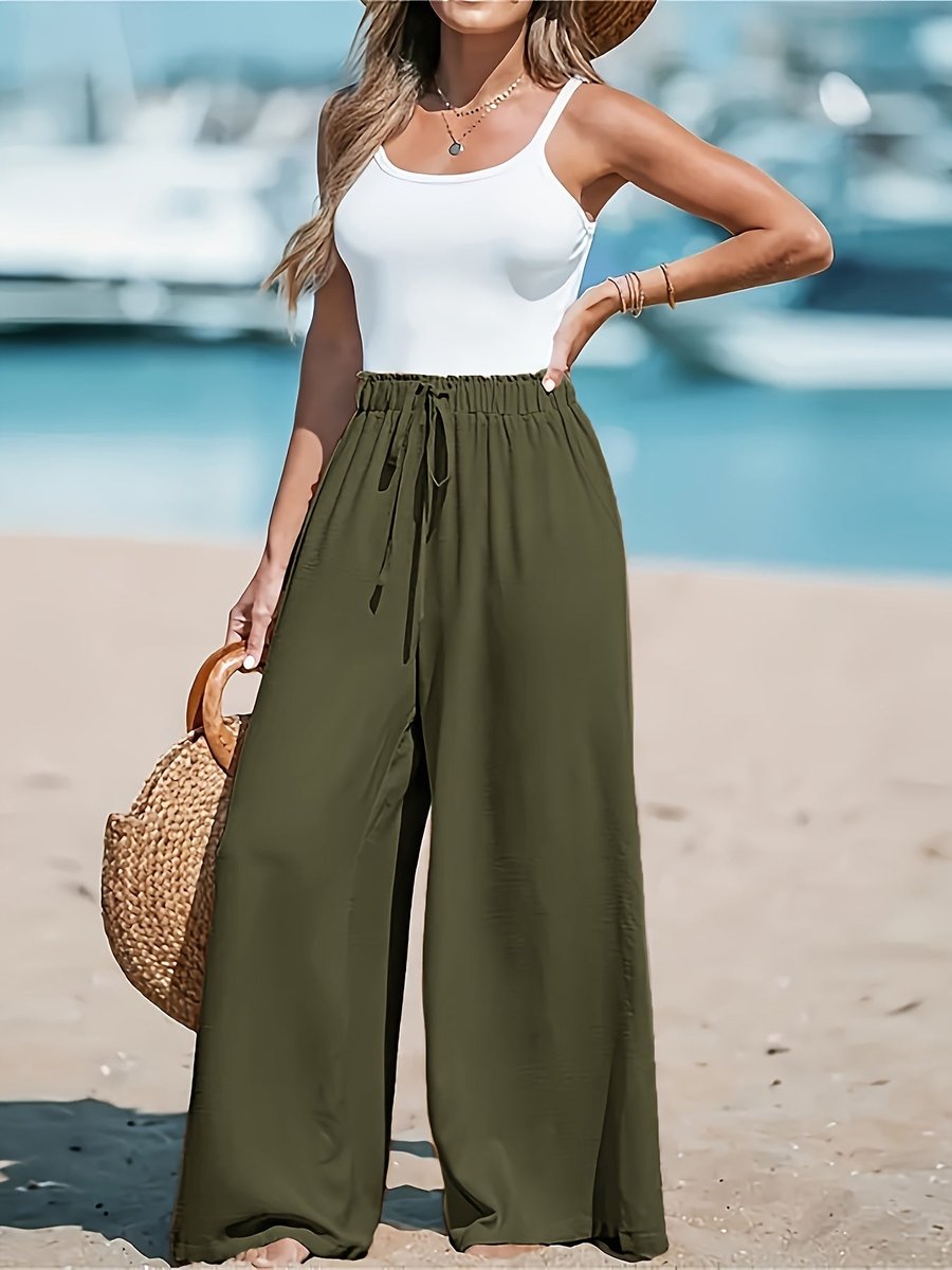 Women's High-Waist Drawstring Wide Leg Trousers Flowy Palazzo