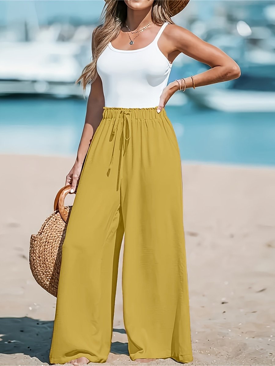 Women's High-Waist Drawstring Wide Leg Trousers Flowy Palazzo