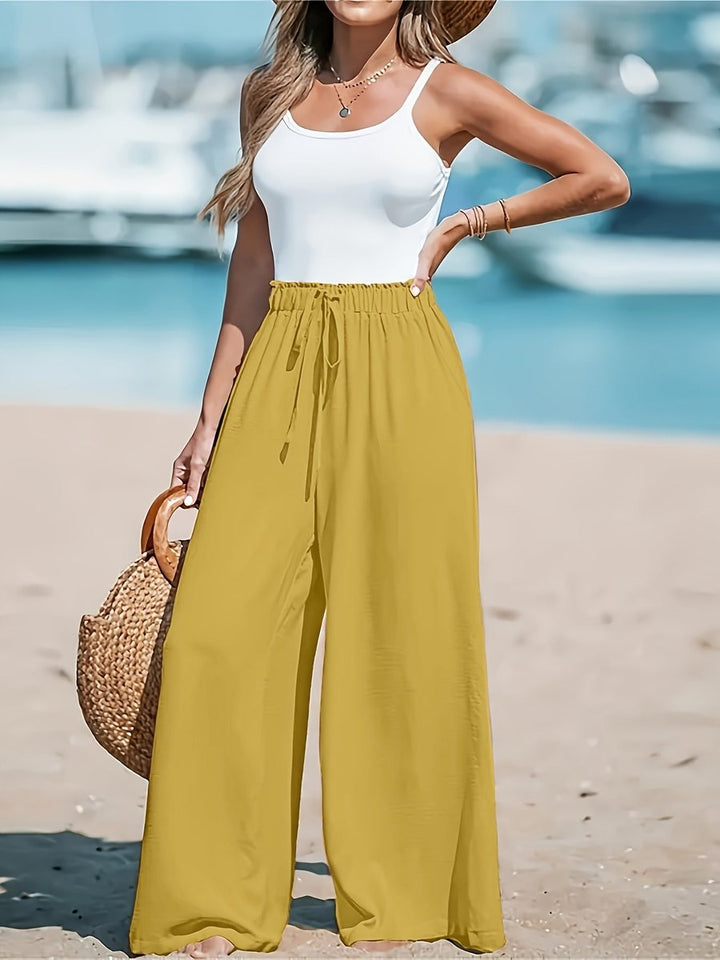 Women's High-Waist Drawstring Wide Leg Trousers Flowy Palazzo