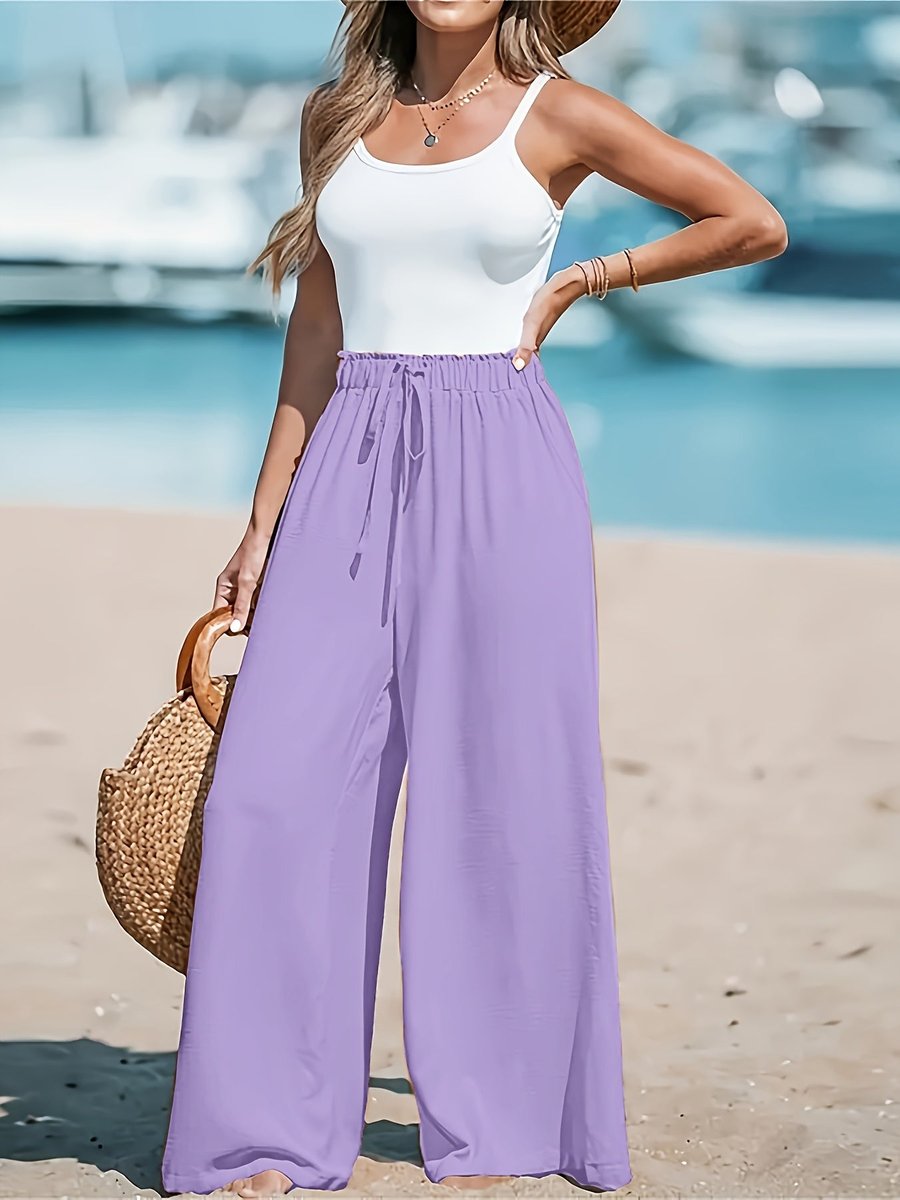 Women's High-Waist Drawstring Wide Leg Trousers Flowy Palazzo